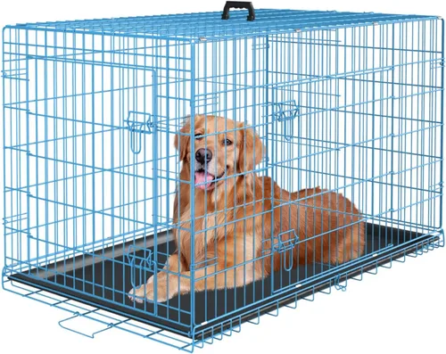 PayLessHere - Jaula grande para perros y perrera para perros medianos y grandes, de metal, con doble puerta, plegable, para viajes, interior y Azul