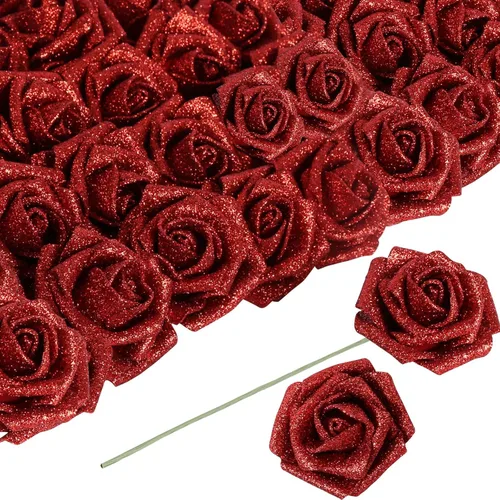 Miniatura 9 de Flores negras con purpurina, 30 unidades, flores artificiales con purpurina, rosas de espuma con tallo, flores sintéticas para bricolaje, ramo