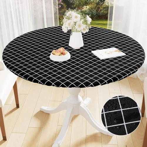 Miniatura 31 de Mantel redondo de vinilo de 36 a 44 pulgadas, mantel elástico impermeable con reverso de franela, mantel de plástico para picnic, campamento, al Café