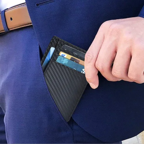 Miniatura 7 de Carteras de cuero Oak Leathers para hombres y mujeres, carteras de cuero delgadas y minimalistas con bolsillo frontal, con bloqueo RFID, Ébano