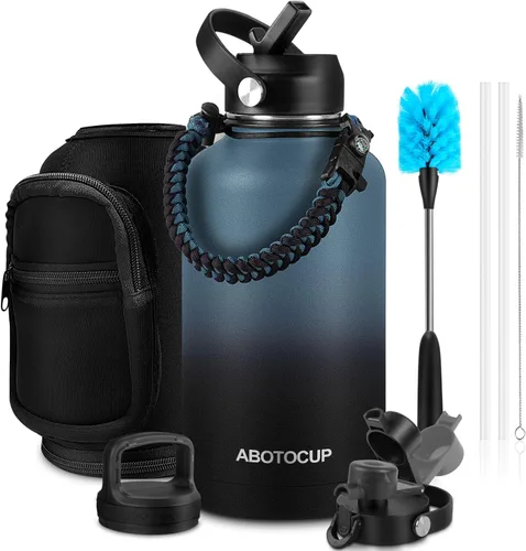 Miniatura 8 de ABOTOCUP Botella de agua de 64 onzas con recubrimiento en polvo, botella de agua aislada de acero inoxidable con tapas de popote y asa de paracord
