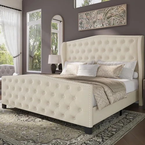 BRELTAM Marco de cama tapizado tamaño Queen en terciopelo color beige con cabecera y pie de cama acolchados con botones profundos y soporte de