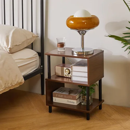Miniatura 5 de Aibiju Mesita de Noche Minimalista Ligera - Nogal Mesa Auxiliar Pequeña con Almacenamiento Abierto, Mesa Auxiliar Pequeña para Dormitorio, Nogal