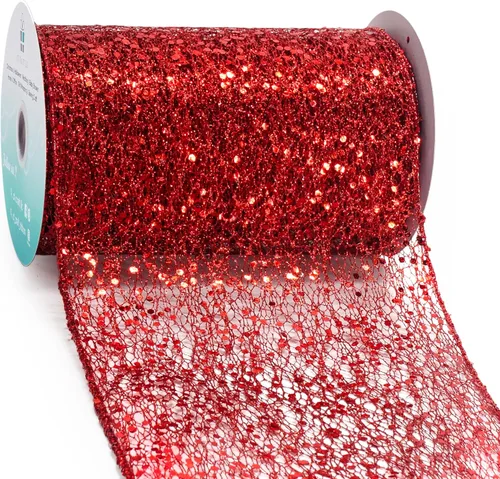 Miniatura 19 de Cinta con alambre de malla brillante con purpurina de 6 x 10 yardas, color negro para decoración del hogar, lazo para envolver regalos