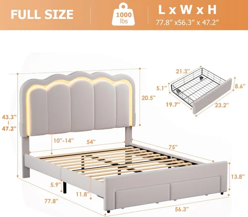Miniatura 2 de Base de cama LED tapizada tamaño matrimonial con 2 cajones de almacenamiento y cabecera doble ondulada ajustable, cama de plataforma de terciopelo
