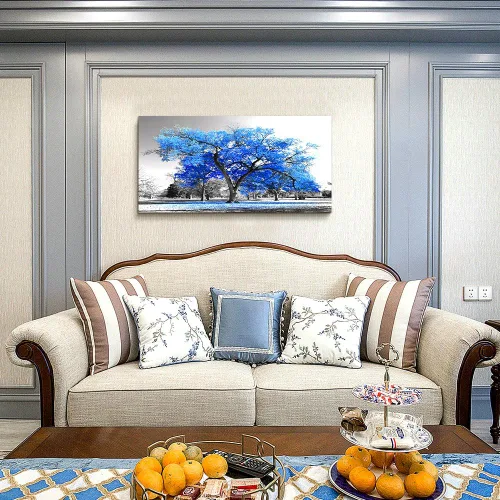 Miniatura 2 de Pintura artística contemporánea de árbol azul en estilo blanco y negro, paisaje de otoño, imagen moderna giclée, estirada y enmarcada