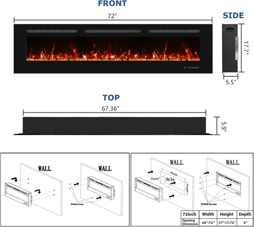 Miniatura 3 de Chimenea eléctrica de 30 pulgadas, inserto de chimenea eléctrica empotrable montado en la pared, calentador de chimenea con temporizador, control