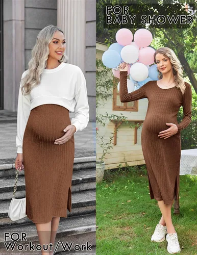 Miniatura 3 de Ekouaer Maternity Dress Rib Knit Long Sleeve Side Slit Bodycon Dresses Pregnancy Baby Shower Clothes S-XXL