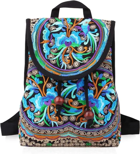 MAZEXY Mochila bordada hecha a mano para mujer, bolso de hombro bohemio vintage con flores étnicas, Azul, Mochila Flor Azul