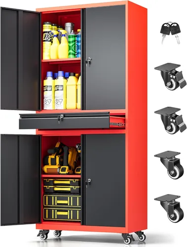Miniatura 34 de Armario de almacenamiento de metal, archivador alto con 2 estantes ajustables y cajón, gabinete de herramientas de acero con cerradura para oficina