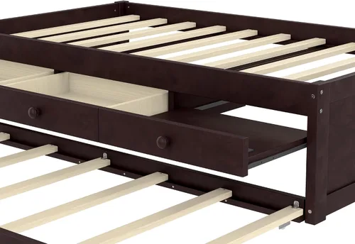 Miniatura 9 de Cama de plataforma individual con nido y cajones de almacenamiento, sofá cama de madera maciza con tomas de corriente y listones completamente