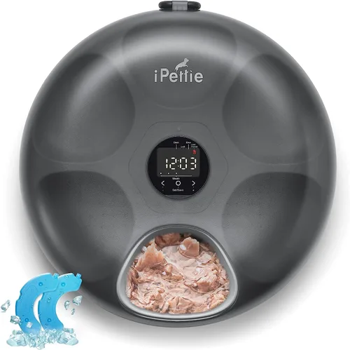 iPettie Donut Frost - Comedero automático inalámbrico para mascotas de 6 comidas, alimentos secos y húmedos, con dos paquetes de hielo, batería