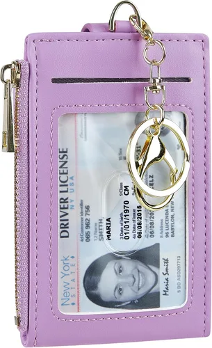 Miniatura 14 de Tarjetero de cuero para mujer, con bloqueo RFID, delgado y pequeño, con cremallera, llavero, bolsillo frontal, con 2 ventanas para identificación