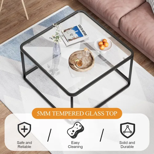 Miniatura 4 de Mesa de café de vidrio, mesas cuadradas minimalistas para sala de estar, mesa central moderna para oficina o espacio pequeño, vidrio templado, marco