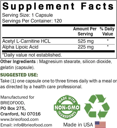 Miniatura 2 de Brieofood Acido acetil L-carnitina alfa lipoico (ALA ALC) 750 mg 120 Cápsulas