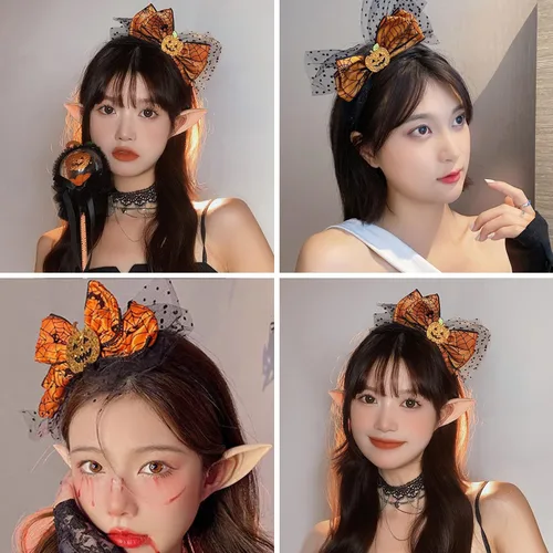 Miniatura 7 de Diadema de lazo de Halloween con diseño de calabaza con diseño de malla Headands Ornage para Acción de Gracias, fiesta de Halloween, accesorios
