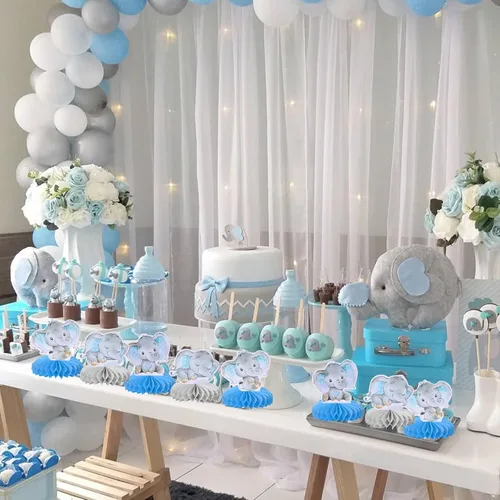Miniatura 5 de ZHUOWEISM 6 piezas de centro de mesa de panal de elefante azul para It's a Boy Elephant Theme Reveal Género Reveal Baby Shower Niños Niños Fiesta