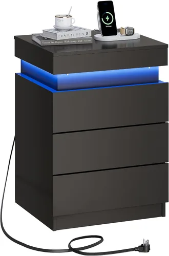 Miniatura 12 de WLIVE Mesita de noche negra con estación de carga y luces LED, mesita de noche con 2 cajones de madera y parte superior deslizante, mesa auxiliar