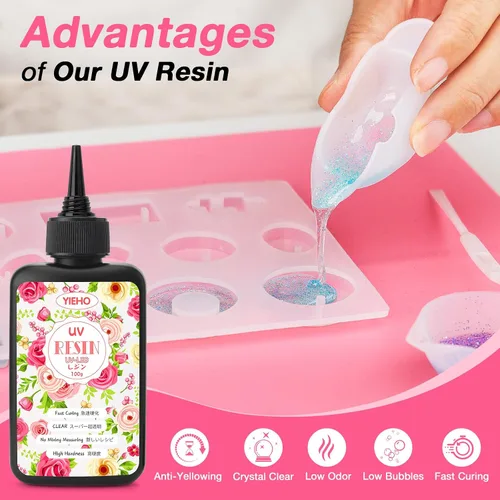 Miniatura 3 de YIEHO Kit de resina UV de 10.58 oz con luz y moldes, kit de fabricación de joyas de resina premezclada endurecida transparente mejorada