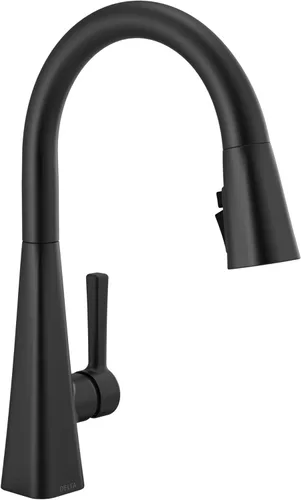 Delta Lenta - Grifo de cocina negro mate con rociador extraíble, moderno grifo de fregadero de cocina de un solo agujero, mango único, negro mate