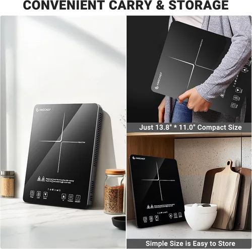 Miniatura 6 de AMZCHEF Placa de inducción portátil con 20 niveles de temperatura y potencia, quemador de estufa de inducción de 1800 W con bobina de calefacción