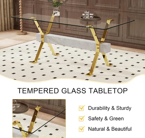 Miniatura 6 de Dining Table. Modern Tempered Glass Dining Table. Large Modern Office Desk with Gold Plated Metal Legs and Gray crossbars, Suitable for Both Home