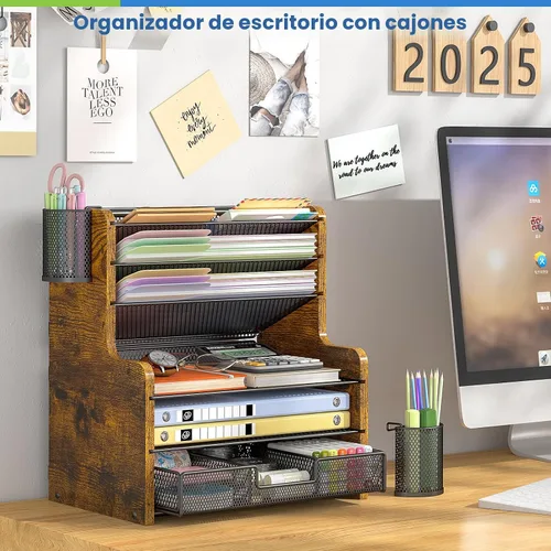 Miniatura 3 de DAOUTIME Organizador de escritorio de malla de 6 niveles con cajón, organizador de oficina de madera para papeles, carpetas y suministros