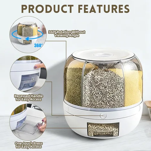 Miniatura 4 de Dispensador de Contenedor de Almacenamiento de Granos, Dispensador de Arroz Giratorio de 6 Compartimentos, Dispensador de Alimentos Giratorio