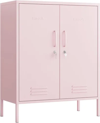 Miniatura 12 de Armario de almacenamiento de metal con cerradura de 2 puertas, 3 niveles, resistente, multifuncional con estantes extraíbles, fácil montaje, ideal