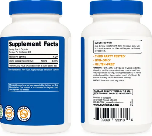 Miniatura 4 de Nutricost Vitamina B6 (Piridoxina HCl) 100 mg, 240 Cápsulas (2 Botellas)