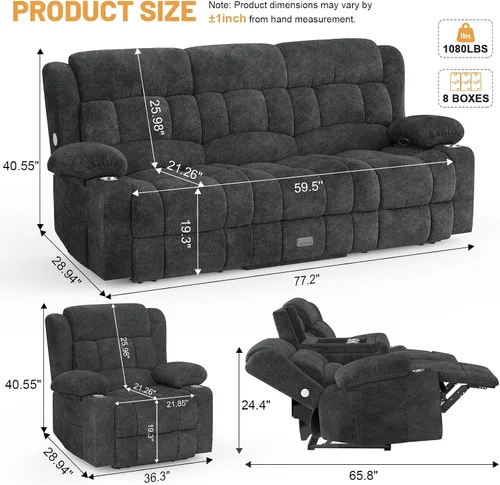 Miniatura 2 de Dresegmt Juego de sofá reclinable loveseat, diseño de respaldo medio abatible, sofá reclinable de 3 plazas y 2 sillas reclinables individuales
