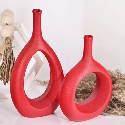 Miniatura 7 de Juego de 2 jarrones de cerámica rojos, jarrón floral moderno hueco circular con agujero para decoración del hogar, para centros de mesa