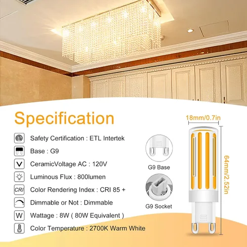 Miniatura 2 de Bombillas LED G9 de 8 W equivalentes a halógenos de 80 W, blanco suave 2700 K, ángulo de haz de 360, 120 V 800 LM, bombillas G9 con base de dos