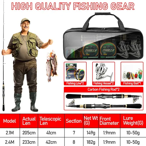 Miniatura 6 de Telescopic Fishing Rod Combo - 2PCS 6.9 7.89FT Collapsible Carbon Fiber Pole Set, Spinning Reel Lures Lines Kits with Carrier Bag for Travel 7.9 pies