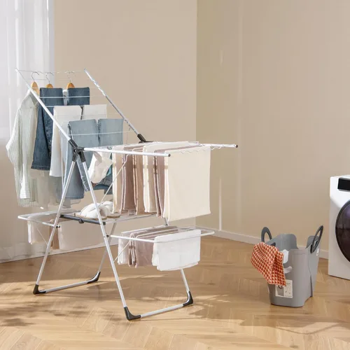 Miniatura 9 de Giantex Estante de secado de ropa, 2 capas de acero inoxidable plegable, con altura ajustable de 6 niveles, clips útiles, ahorro de espacio, Blanco
