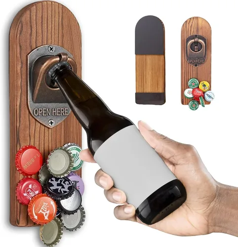 Abrebotellas de cerveza montado en la pared con atrapador de tapas magnético, abrebotellas magnético de madera para refrigerador, regalos de cerveza