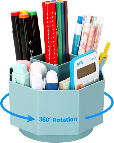 LETURE Organizador de escritorio, soporte para lápices giratorio de 360 grados, 5 compartimentos, organizador de escritorio estacionario, caja de