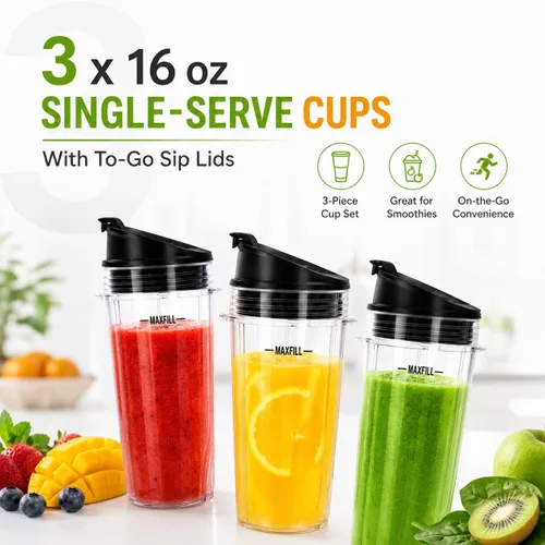 Miniatura 4 de Vasos de repuesto de 16oz para licuadora Ninja - Paquete de 3 vasos de licuadora Ninja con tapas, compatibles con Ninja QB3001SS, BL770, BL780
