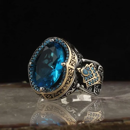 Miniatura 3 de 925 Sterling Silver Aquamarine Stone Men Silver Ring, Handmade Blue Aquamarine Stone Men's Silver Ring, Vintage Men Ring, Turkish Ottoman Men Ring