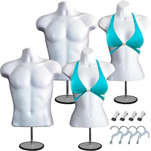 Miniatura 10 de Juego de maniquí blanco con espalda hueca para hombre y mujer, con clips para ropa, soportes de metal y postes de metal y ganchos para colgar