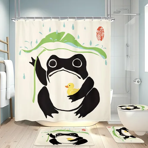 Miniatura 12 de Juego Divertido de Cortina de Rana Retro para Ducha, Juego de Baño 48x71 Pulgadas, Estilo Asiático Lindo, Arte Japonés Tradicional de Pato de Goma