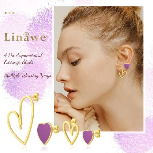 Miniatura 2 de Linawe 4 Pcs Heart Stud Mismatched Earrings Set for Women Girls, Hypoallergenic Stainless Steel GoldSilverRose Gold Cartilage Tragus Piercing