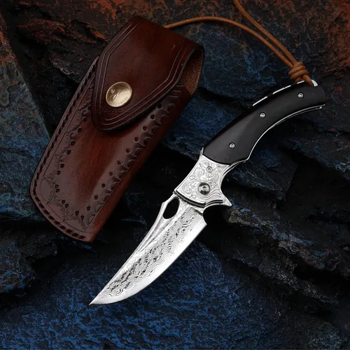 Miniatura 4 de Cuchillo plegable japonés VG10 de acero Damasco de 3.5 pulgadas para exteriores con mango de madera negra, cerradura forrada, uso EDC y camping