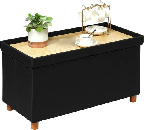 PINPLUS Cubo otomano de almacenamiento, reposapiés de lino blanco con patas de madera, reposapiés de tela plegable, asiento cómodo con tapa, otomana