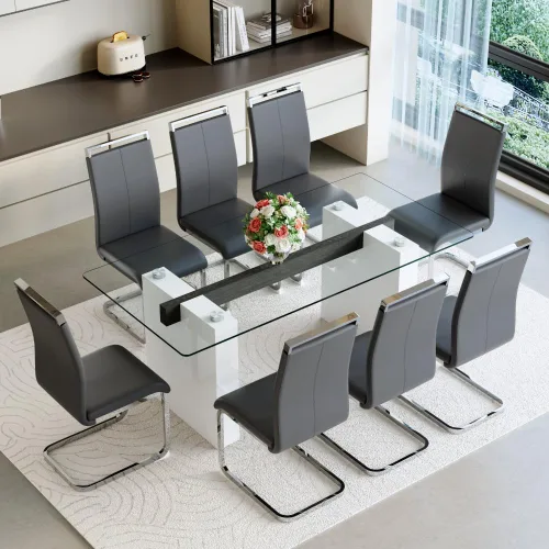 Miniatura 12 de FURNITO Mesa de comedor de vidrio de 71 pulgadas para 6 a 8,0,39 pulgadas de superficie de vidrio grueso con mesa de comedor de pedestal de MDF Mesa