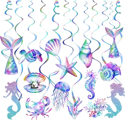 30 piezas de remolinos colgantes de sirena, decoraciones de fiesta de sirenas, suministros de fiesta de sirenas para niñas, serpentinas de techo