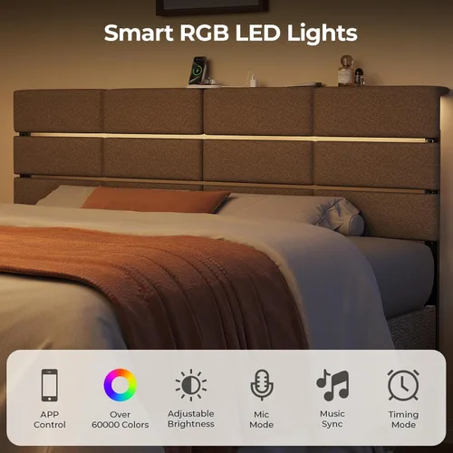 Miniatura 5 de Cabecera tapizada tamaño Full/Queen, cabeceras ajustables con luz LED y estación de carga, solo cabecera de cama, se fija al marco, para estudio