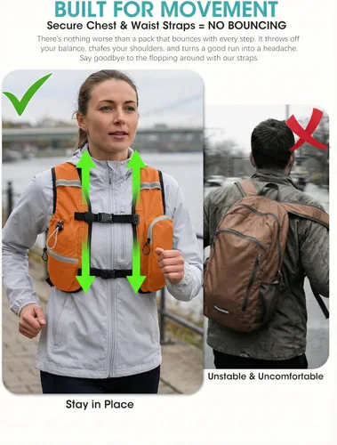 Miniatura 3 de VPBAGE Mochila de senderismo pequeña con soporte frontal para teléfono, mochila plegable con correa de pecho y cintura, Naranja-, Pequeño, Mochilas