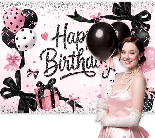 Miniatura 3 de Telón de fondo de feliz cumpleaños negro y rosa de 7 pulgadas de ancho x 5 pies de alto, tela de poliéster, globos de lazo femenino, pastel