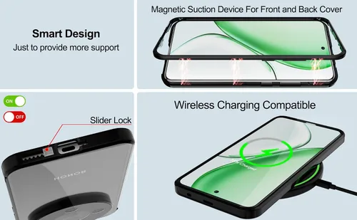 Miniatura 4 de QUIETIP Funda magnética para Honor Magic 8 Lite/Honor X9d, marco de metal de doble cara cubierta de vidrio templado transparente, negro